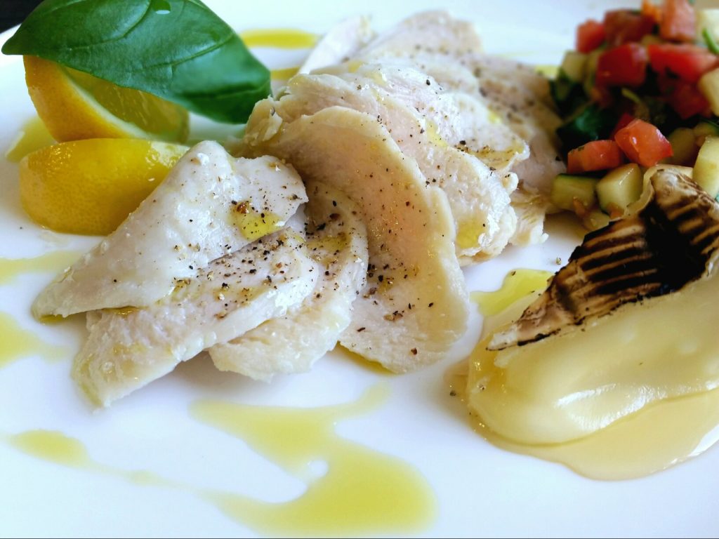 olive oil poached chicken close up