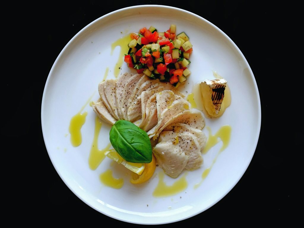 olive oil poached chicken top view