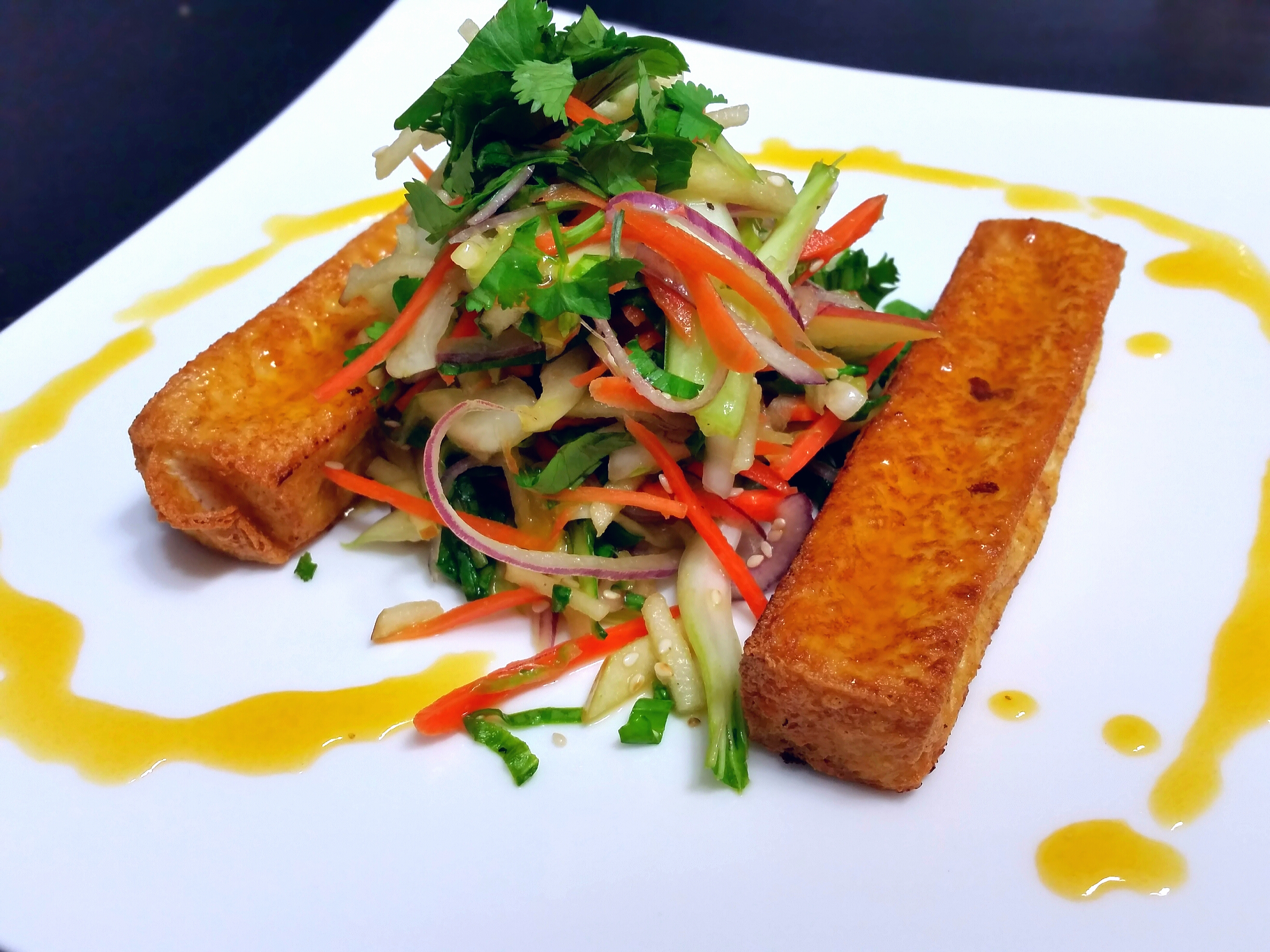 Orange Fried Tofu with Apple Bok Choy Salad